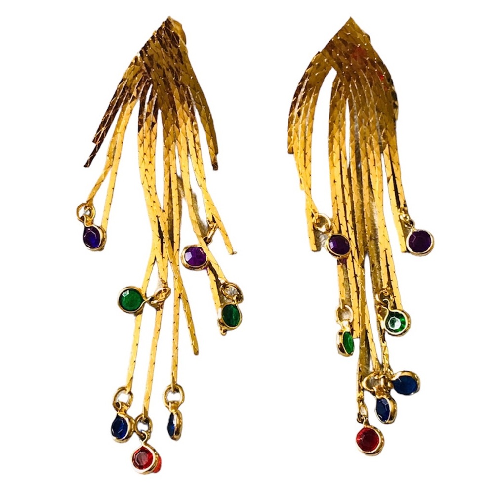Vintage 80’s Costume Gold Tone Cascading Tassel Fringe 3 Inch Post Earrings